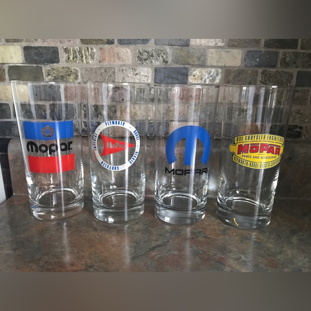 Mopar Branded Drinking Glasses - Blue, Red, Yellow Logos (Set of 4)